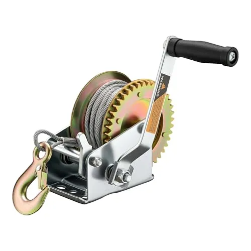 Handseilwinde 350kg 10m Drahtseil - WilTec - Seilwinde für bis zu 350 kg Traglast, mit 10 m Drahtseil und einem praktischen 3:2:1 Getriebe für effizientes Arbeiten im Forst- und Baubereich.