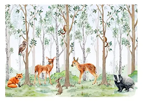 WallArena - Vlies Fototapete Kinderzimmer 208x146 cm Wald Tiere Mädchen Kinder Bäume Skandinavisch Babyzimmer - Fototapeten Tapeten für Kinder Kindertapete - Vliestapete Wandtapete Tapete 3D Effekt