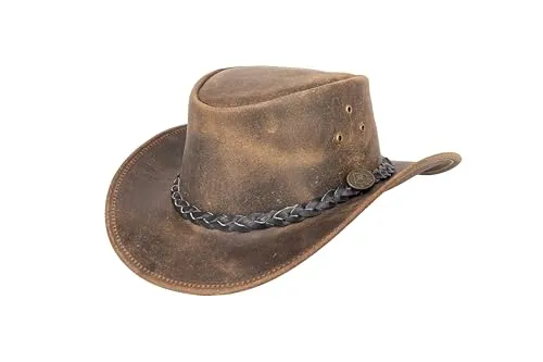 Fleetwood – Westernhut aus Leder für Damen & Herren | Robuster Outdoorhut mit geflochtenem Lederhutband | Knautschbar, wetterfest & im Vintage-Used-Look (DE/NL/SE/PL, Alphanumerisch, L, braun)