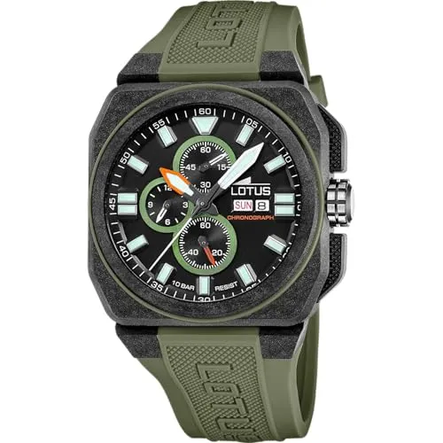 Lotus Herren Chronograph Uhr 18976/1 - Armbanduhren für Herren, quadratisches Kohlefaser-Gehäuse in Schwarz, stylisches grünes Silikonband und 10 bar wasserdicht – ideal für den modernen Mann.
