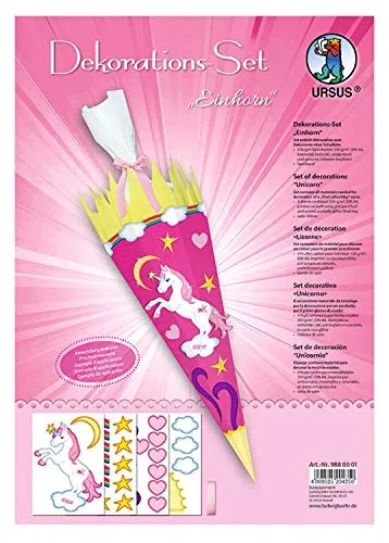 Ursus 9880001F - Dekorationsset Einhorn, 4 Bogen Bastelkarton DIN A4, zum Dekorieren einer Schultüte (Rohling nicht enthalten) beidseitig bedruckt, vorgestanzt, mit Satinband