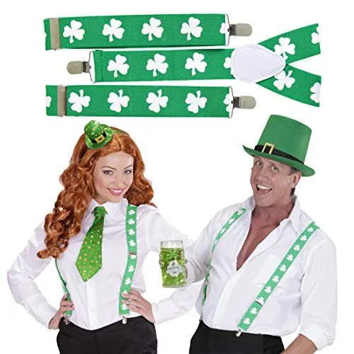 NET TOYS St. Patrick's Day Hosenträger Kleeblatt Hosenhalter grün-weiß Leprechaun Bundhalter Braces Herren St Particks Day Y-Form Hosen Träger Kostüm Accessoire Irland Ire