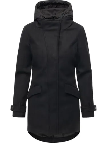 Ragwear Damen lange Winterjacke in Wollmantel Optik Trenchcoat mit Kapuze gefütterter Parka Petuja Felt YOUMODO Black Gr. XXL
