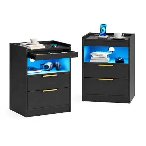 Mondeer Nachttisch 2er Set mit Steckdose und versteckter Schublade, Schwarz