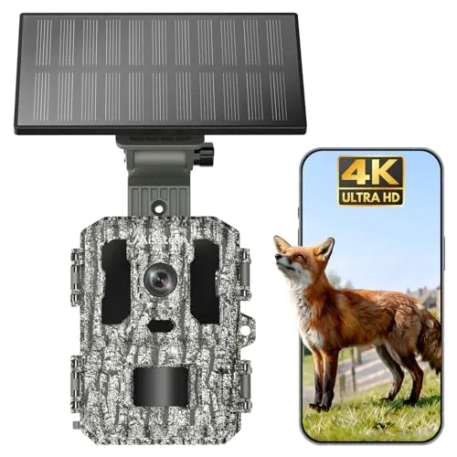 Misstech 4K UHD Solar Wildkamera mit Handyübertragung App, Klare Nachtsicht | Ohne Abo, Lokal Gespeichert, 4K 64MP Solarbetriebene Wildtierkamera mit 0,1s Bewegungsmelder, IP66 für Garten & Naturschutz