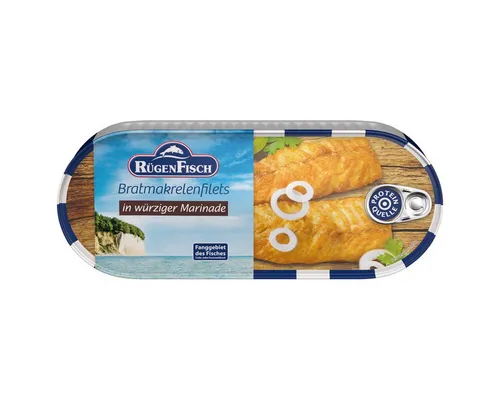 Rügen Fisch Bratmakrelenfilets in würziger Marinade 500g 6er Pack - Genießen Sie die zarten Bratmakrelenfilets in einer herzhaften Marinade. Perfekt für schnelle Gerichte und ideal zu Kartoffelmus, Reis oder Brot. Ein Hochgenuss aus dem Atlantik, bequem im 6er Pack.