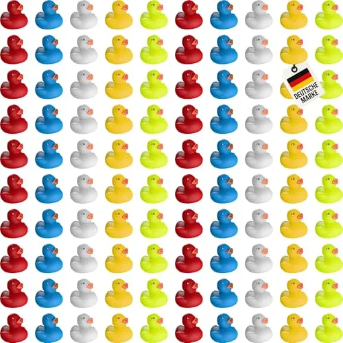 Wellgro Badespielzeug 100 Badeenten bunt - Badewannenspielzeug: 100 bunte Gummienten für unvergesslichen Badespaß und kreative Deko bei Kindergeburtstagen oder Poolpartys.