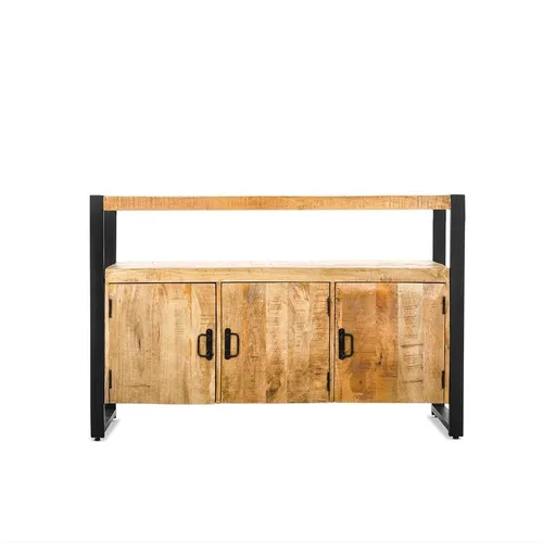 Sideboard Britt aus Mangoholz mit 3 Türen - 135 cm in Hellbraun - Das stilvolle Sideboard bietet mit 3 Türen großzügigen Stauraum und ein modernes Design. Der robuste Industrierahmen und das natürliche Mangoholz sorgen für eine warme Atmosphäre in jedem Raum.