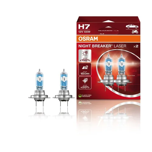 OSRAM Night Breaker Laser H7 55W Halogen Leuchtmittel - Autobeleuchtungen mit bis zu 150% mehr Licht und 20% weißerem Licht für bessere Sicht und schnellere Reaktion auf Verkehrsgefahren.