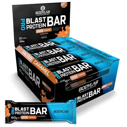 Bodylab24 Pro Blast Protein Bar Salted Caramel 12 x 60g - Proteinriegel mit 20g Eiweiß pro Riegel, knusprig und mit leckerer Karamellfüllung, perfekt für unterwegs und ideal vor oder nach dem Training.