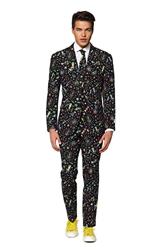 OppoSuits Disco Dude Abschlussball Anzug für Herren - Set mit Jackett, Hose und Krawatte, Größe 38 - Kostüme für Erwachsene, stylischer Print für unvergessliche Partymomente. Hochwertiger, waschmaschinenfester Stoff, integriert Taschen und schickes Design.