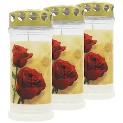 MEMORIAM-Motivkerze „Rosen“, Nr. 413, AETERNA, mit Golddeckel, 75/170 mm, 30% Ölgehalt, Brenndauer 4 Tage, Lieferumfang 3 Stück, Grabkerzen