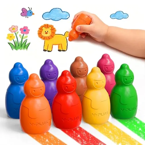 YPLUS Dicke Jumbo Wachsmalstifte für Kleinkinder 1-3, 8 Farben Ungiftig | Stapelbares Schneemann Design, Waschbar Ungiftig ab 1 Jahr, Geschenk