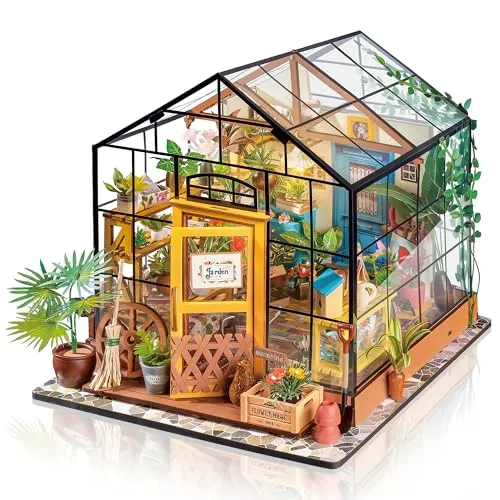 ROBOTIME Miniatur Haus Gewächshaus DIY Miniature House Holz Mit Möbel und Licht, Puppenhaus für Erwachsene Mädchen und Jungen Geschenk zum Muttertag