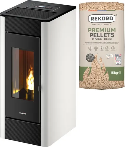 Freepoint Pelletofen Indaco 11, 12 kW - Zeitbrand in Weiß - Kaminofen mit 12 kW Nennwärmeleistung, elektrische Zündung und Überhitzungsschutz, ideal für effiziente Raumheizung und umweltfreundliches Heizen mit Pellets.