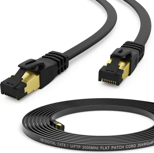 hb-digital 2m CAT 8.1 Netzwerkkabel flach RJ45 Patch LAN Kabel U/FTP PVC 2000 MHz Reines Kupfer schwarz