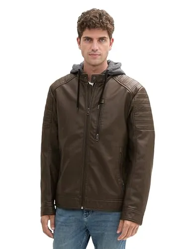 TOM TAILOR Herren Fake-Lederjacke im Biker-Style mit Kapuze,36359 - Chestnut Fake Leather, L