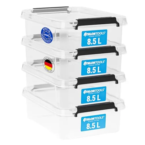 ATHLON TOOLS 4x 8.5 L Aufbewahrungsboxen mit Deckel, lebensmittelecht - Verschlussclips - 100% Neumaterial DIN A4 Plastik-Box transparent - Schuhboxen stapelbar