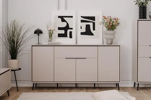 Sideboard Arona 4 Türen, 1 Schublade, 6 Böden in Sand/Schwarz
