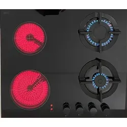 Gasline Hybrid Kombi Glas Gas Elektro 60cm Kochfeld - Kochfeld aus schwarzer Schott Glaskeramik, ideal für Erdgas und LPG. Mit 2 stufenlos regelbaren Gas-Brennern und sicherer Zündsicherung für gleichmäßiges Kochen.