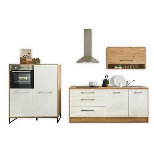 Carryhome Küchenleerblock in Weiß und Eiche - Küchenzeilen, eleganter Küchenleerblock aus Holzwerkstoff mit 3 praktischen Schubladen, ideal für individuelle Gestaltung Ihrer Küche.