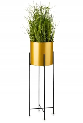 HowHomely Moderne Blumenständer Metall 75 cm Hoch mit Gold Blumentopf Rund 21 cm Ø auf Robuste Schwarzen Ständer - Pflanzenständer im Loft-Stil für die Innendekoration