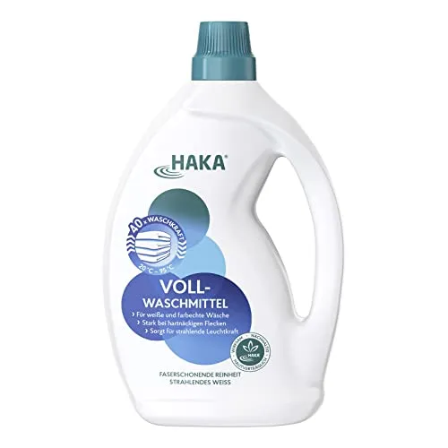 HAKA Vollwaschmittel flüssig, 2 L (40 WL), kraftvolle Fleckentfernung für strahlend weiße & farbechte Wäsche, Universalwaschmittel, hygienische Frische, vegan, hautfreundlich