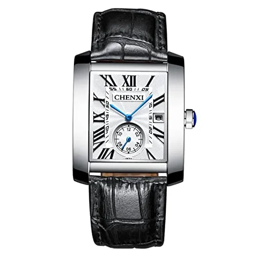 JewelryWe Herren Armbanduhr, Retro Kalender Analog Quarz Uhr mit Rechteckig Römischen Ziffern Zifferblatt und Leder Armband, Farbe: Schwarz