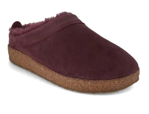 HAFLINGER Lammfellclog Snowbird Filzpantoffel – Bequeme Hausschuhe in Aubergine (Gr 36) - Hausschuhe aus hochwertigem Lammfell, bieten angenehme Wärme und optimale Fußgesundheit dank anatomischem Kork-Latex-Fußbett.