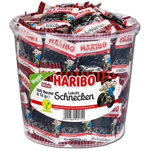 Haribo Lakritz-Schnecken Rotella Minibeutel 100 Stück - Leckere Lakritz-Schnecken im praktischen Minibeutel, ideal für den Karneval oder als Snack für zwischendurch. Vegetarisch und in einer handlichen Dose verpackt.