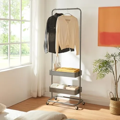 [en.casa] Garderobenständer Kumad - Flexibler Kleiderständer mit Rollen - Kleiderständer mit robuster Stange, 2 höhenverstellbaren Gitterkörben und praktischen Rollen für einfache Mobilität. Ideal für Ordnung in jedem Raum!