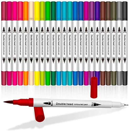 Madeki Feutre Coloriage Adulte, 0,4 mm Double pointes feutre fine et pinceau Couleur à l'eau Stylos de dessin pour Bullet Journal, Mandalas, Calligraphie, 24 Couleurs