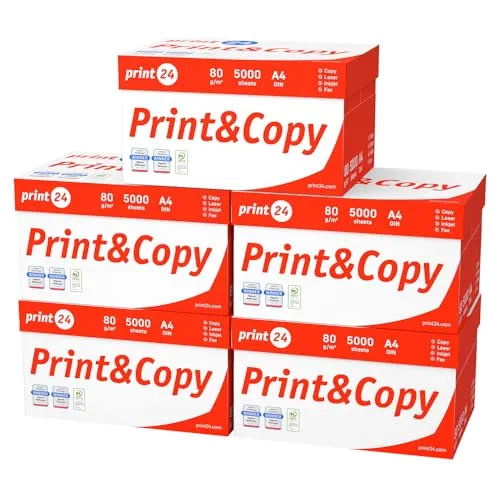 print24 Druckerpapier Kopierpapier 500-150000 Blatt A4 80g Premium Weiß Testsieger PEFC (25.000 Blatt)