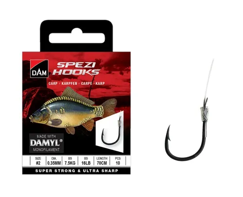 DAM Fishing Karpfenhaken Vorfachhaken Spezi Carp Größen 2, 4, 6, 8, 10 Vorfachlänge 70 cm, Superstarke Tectan Damyl Superior Schnur