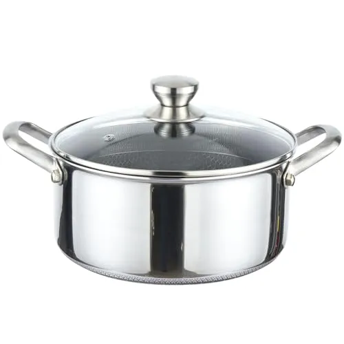 Edelstahl Kochtopf Ø24 cm mit Glasdeckel - Kochtopf aus Edelstahl mit Waben-Antihaftbeschichtung, ideal für Induktion. Kratzfest und rostfrei, perfekt für einfache Reinigung und vielseitige Kochmöglichkeiten.