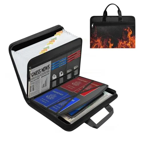 Feuerfeste Dokumententasche A4, Feuerfeste Tasche Silikonglas Glasfaser Wasserfest Feuerfest Dokumentenmappe mit 13 Fächern und Griffen für Passport Wertsachen