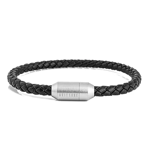 Akitsune Silva Lederarmband Magnetischen Verschluss | 5mm | Armschmuck Damen Herren Edelstahl Schlichtes Armband - Silber - Schwarz 17,5cm