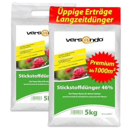 versando 10kg Stickstoffdünger bis 1000m²: 46% UREA Stickstoff für Rasen, Gemüse, Blumen von Frühjahr bis Herbst, fördert üppiges Blattwachstum mit Langzeitwirkung - Premium Qualität