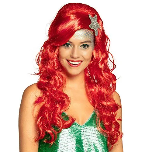 NET TOYS Zauberhafte Meerjungfrau Perücke - Rot - Entzückendes Damen-Kostüm-Zubehör Mermaid Faschingsperücke mit Seestern - EIN Blickfang für Fasching & Karneval
