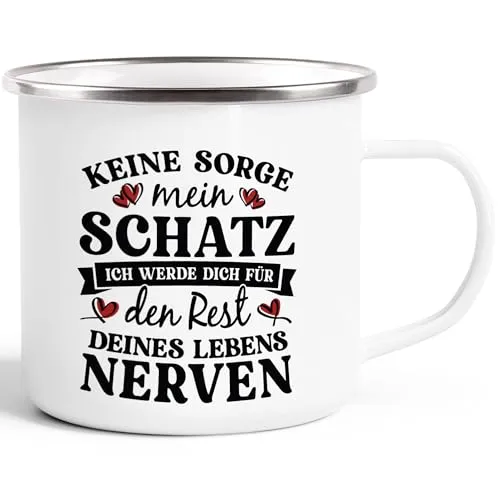 MoonWorks® Emaille-Tasse Liebe lustig Spruch Keine Sorge Schatz witzige Geschenke Hochzeitstag Valentinstag Emaille-weiss-silber standard