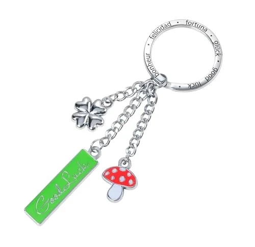 TROIKA Schlüsselanhänger Glücksbringer – GOOD LUCK – niedlicher keyring, 3 Anhänger Kleeblatt, Fliegenpilz, Plakette – hochwertiger Metallguss, echte Emaille – inkl. Schlüsselring – verchromt