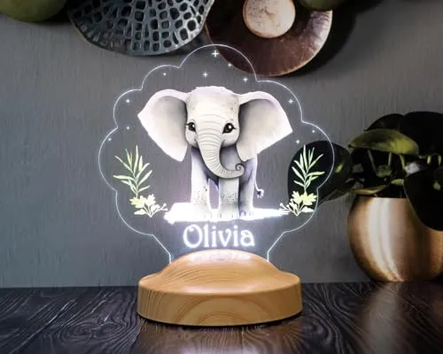 Geschenkelampe LED-Nachtlicht – Individuelle Acryl-Lampe für Babys und Kinder –zur Geburt oder Weihnachten (Elephant)
