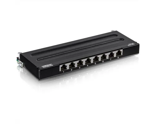 Trendnet TC-P08C6AS Patch Panel 8-Port Cat6A - Wandmontierbares 8-Port Patchpanel für Gigabit und 10G Netzwerke, bietet geschirmte Verbindungen zur Vermeidung von EMI und Übersprechen für maximale Datenintegrität.