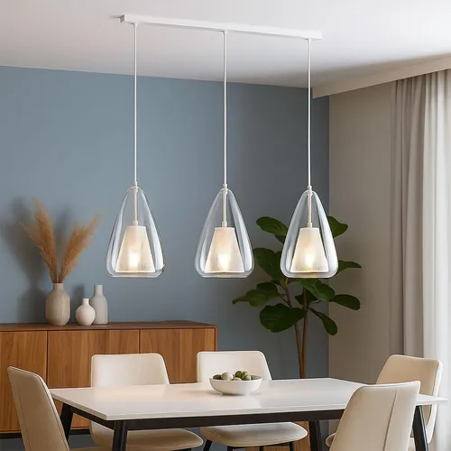 Hängeleuchte Pendellampe VERA 3 Flammig Weiß Metall - Lampen – Minimalistische Hängeleuchte VERA aus weißem Metall, ideal für Esstische und Wohnzimmer, sorgt für gleichmäßige Lichtverteilung und gemütliche Atmosphäre.