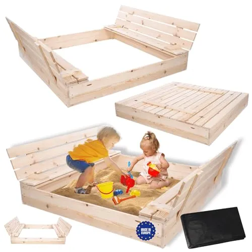 MODO24 Sandkasten mit Deckel und Sitzbänken, 140x137 cm, Holzspielzeug für den Garten
