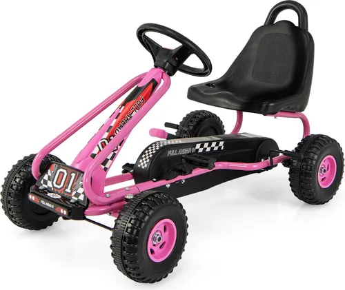 GOPLUS Gokart mit verstellbarem Sitz, Tretauto mit Handbremse und geschlossener Kettenabdeckung, Vor- und Rückwärtsgang, Rosa