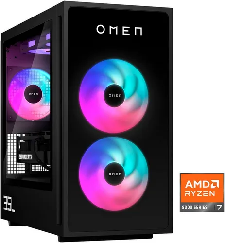 HP OMEN 35L GT16-0280ng Gaming-PC - PC-Systeme mit AMD Ryzen 7 8700F und GeForce RTX 5070, ideal für anspruchsvolles Gaming und flüssige Performance dank 32 GB RAM und 1000 GB SSD.