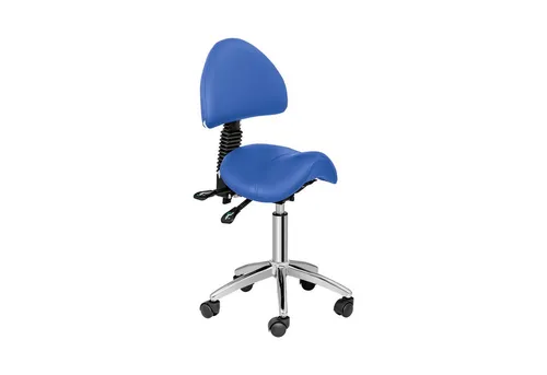 Physa Sattelstuhl BERLIN BLUE mit Rollen, höhenverstellbar 55-69 cm - Bürostuhl mit 360° Drehfunktion und neigbarer Rückenlehne für maximalen Komfort. Belastbar bis 150 kg, ideal für Kosmetik- und Friseursalons.
