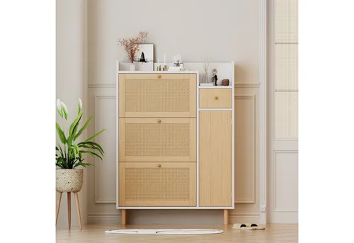 Merax Schuhschrank mit Rattandekor mit 3 Klappen, Tür und Schublade,Sideboard,Schuhkipper