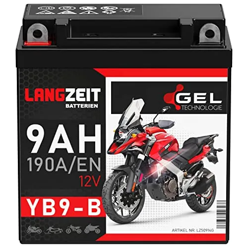 LANGZEIT YB9-B Motorradbatterie 12V 9Ah 190A/EN - Hochleistungs-Motorradbatterie mit doppelter Lebensdauer dank modernster Gel-Technologie. Wartungsfrei, auslaufsicher und ideal für moderne Motorräder mit hohen Energiebedürfnissen.